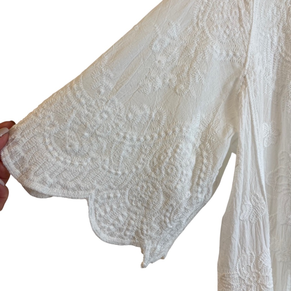 Kindred White Embroidered Floral Open Front Kimono Duster Sz L Beach Casual - Picture 9 of 13